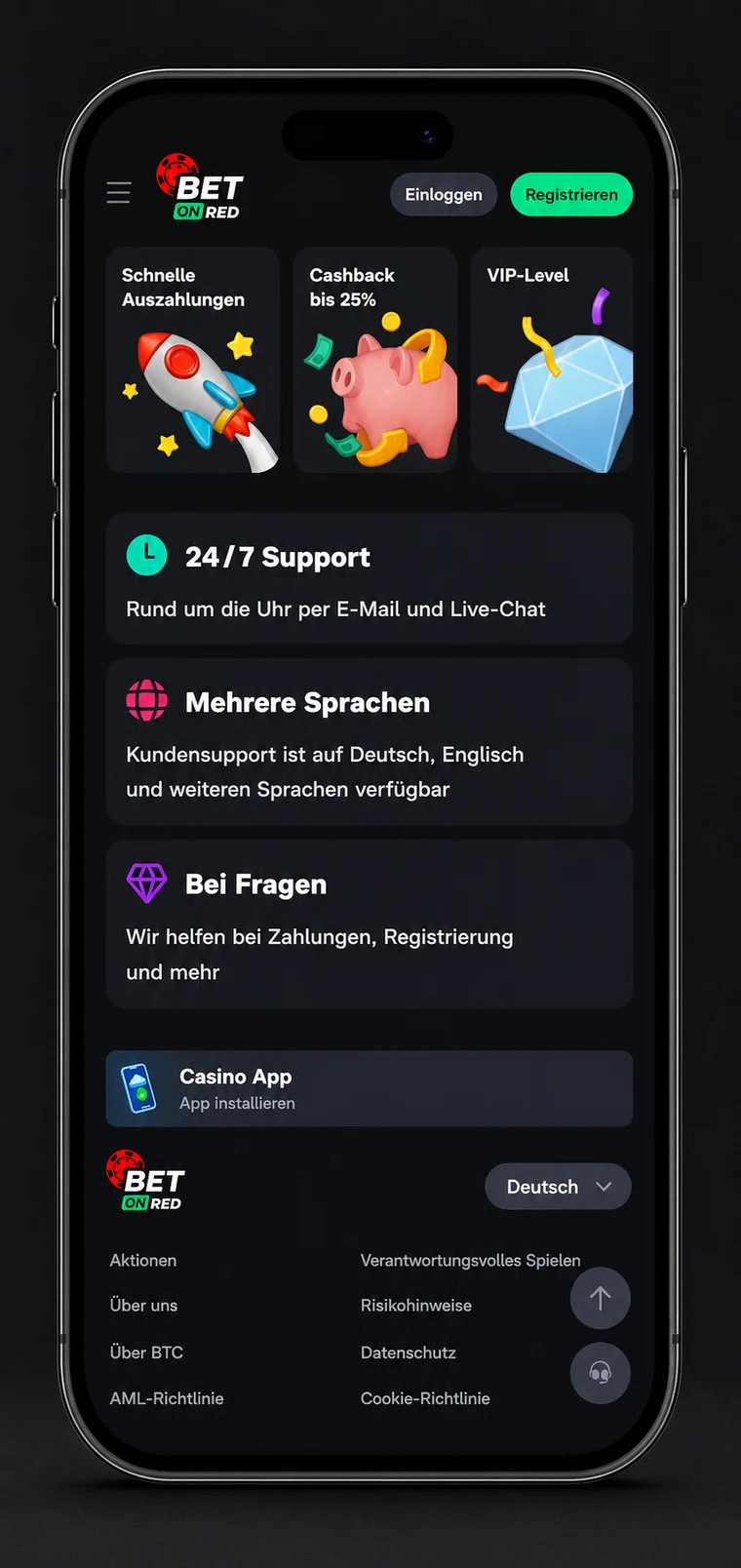 Bet on Red Casino Support- und Kontoansicht auf dem Smartphone
