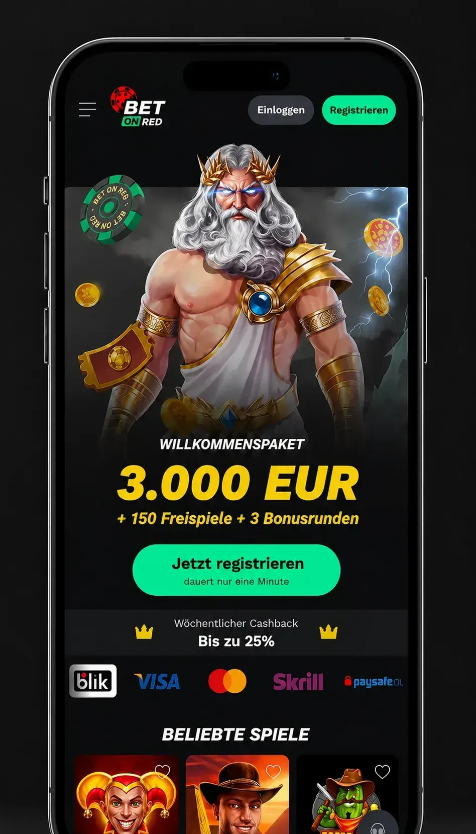 Bet On Red mobile Startseite im Smartphone-Mockup