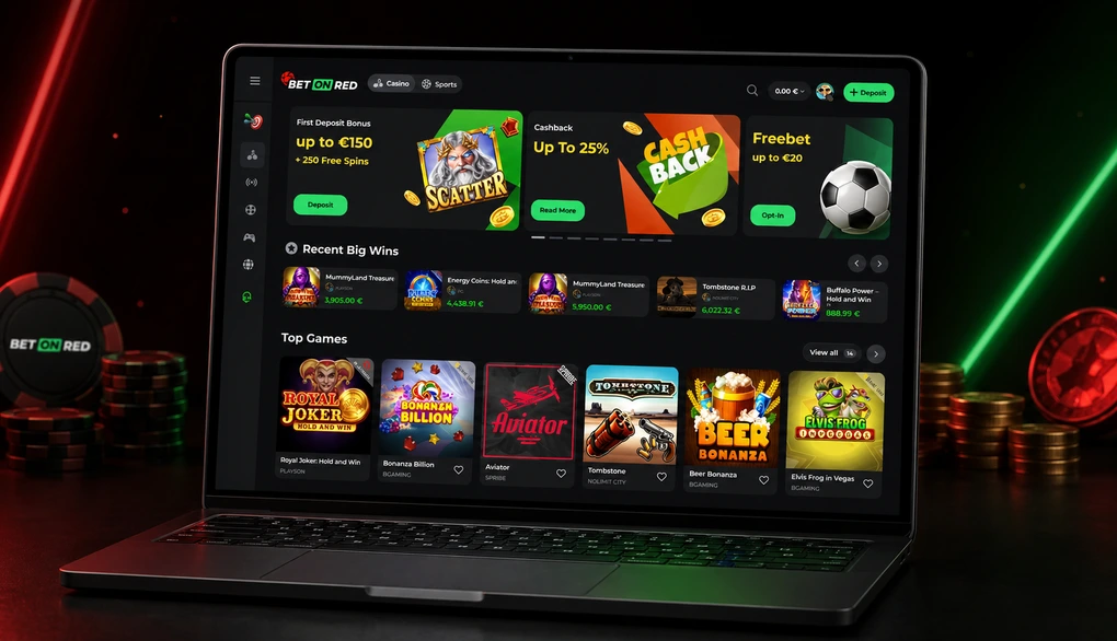 Bet on Red Casino Dashboard im Desktop-Layout