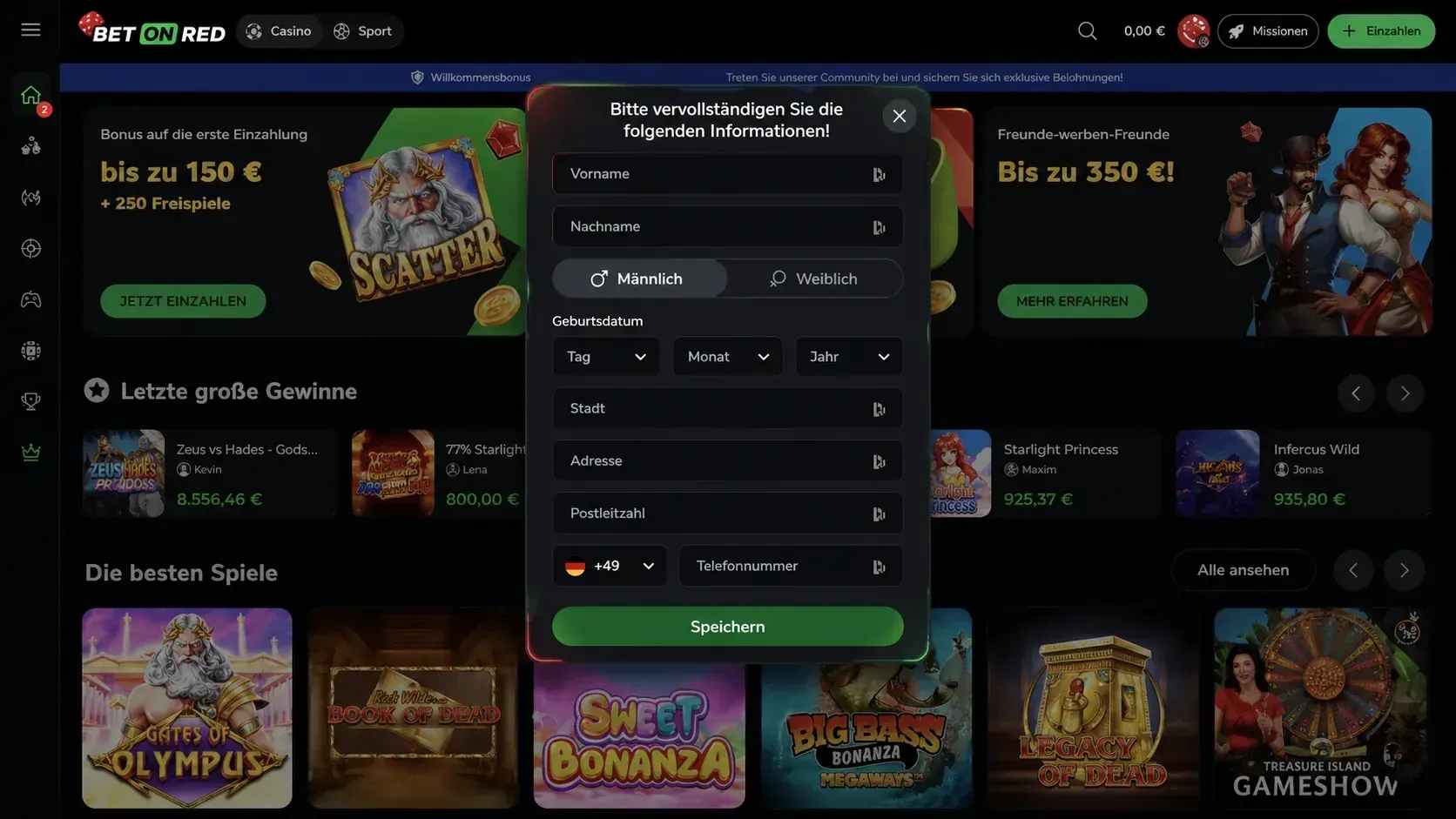 Bet on Red Casino Registrierungsoberfläche im Desktop-Layout